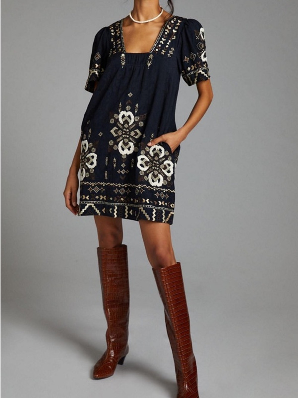 Embroidered Navy Short Sleeve Shift Dress